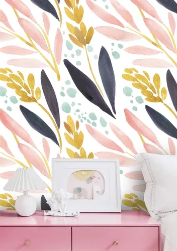 Vista 4 de HaokHome - Papel tapiz adhesivo para repisas, vinilo, bosque en acuarela, diseño floral, color blanco, rosa, azul marino y amarillo, removible, 17.7