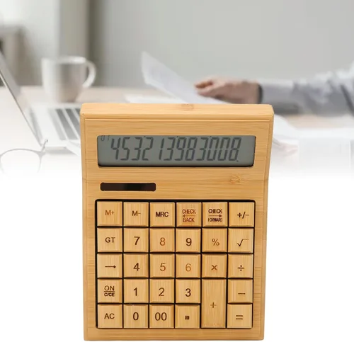 Vista 7 de Zopsc Calculadora de bambú, calculadoras solares de madera con pantalla LCD digital de 12 bits, calculadoras de escritorio de función estándar