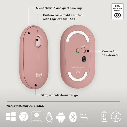 Vista 7 de Logitech Pebble 2 Combo, teclado y mouse inalámbricos, silencioso y portátil, personalizable, perno logi, Bluetooth, fácil de cambiar para PC, Mac
