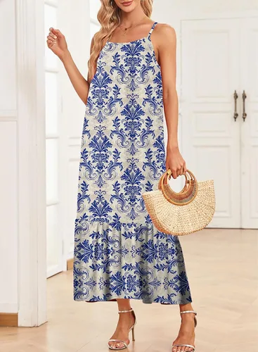 Vista 3 de Dokotoo - Vestidos de verano para mujer con tirantes delgados, cuello redondo, fruncido y volantes, vestido largo bohemio