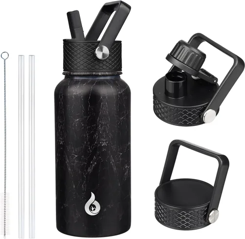 Vista 106 de BJPKPK Botellas de Agua Aisladas con Tapa de Pajita, Botella de Agua de Acero Inoxidable de 18oz, Termo Frío Caliente con 3 Tapas, Vaso de Viaje a