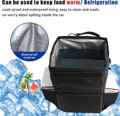 Vista 5 de Kewucn Basurero para automóvil con tapa, mini bote de basura impermeable, organizador de vehículos a prueba de fugas y bolsillos de almacenamiento