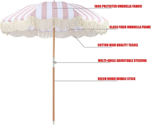Vista 6 de CHEVVY Sombrilla de rayas blancas y rosadas de 6.6 ft, sombrilla de poliéster para exteriores con flecos, poste de madera de playa, orientable 78.7