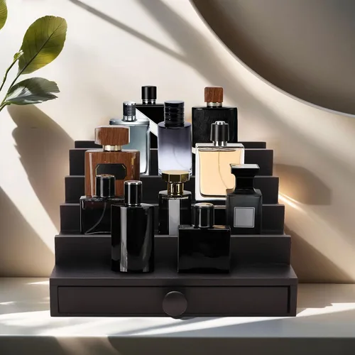 Vista 2 de 5 Tier Men's Cologne Organizer, Black Wood Display Stand Holder with Drawer Negro-5 niveles