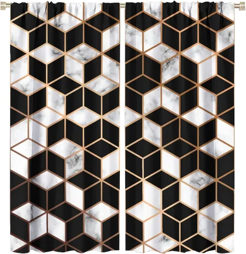 Vista 22 de Cortinas abstractas de mármol de lujo de lujo azul marino dorado a rayas con patrón de mármol estampado para dormitorio, sala de estar, cortinas