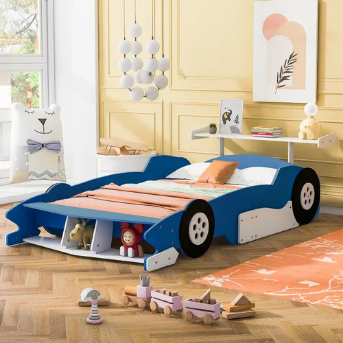 Vista 15 de Cama de plataforma en forma de auto de carreras de tamaño individual con ruedas, plataforma de madera con soporte de listones resistentes y rieles