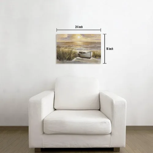 Vista 6 de arttitue Lienzo decorativo para pared de playa: baño, puesta de sol costera, paisaje, océano, mar, escena, obra de arte, paisaje marino, barco
