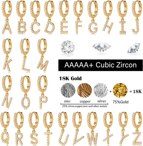 Vista 4 de MEVECCO Aretes de aro de circonita cúbica chapados en oro de 18 quilates, con iniciales de la A a la Z, 26 letras personalizadas, joyería