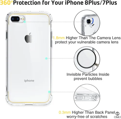 Vista 5 de ONES Funda transparente para iPhone 8 Plus/7 Plus, funda delgada de silicona TPU suave, funda protectora militar contra caídas para teléfono