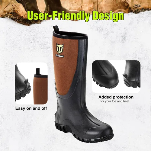 Vista 4 de TIDEWE Botas de goma para hombres, multitemporada, botas de lluvia impermeables con vástago de acero, botas de caza de goma duradera de neopreno