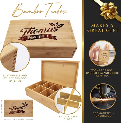 Vista 2 de My Personal Memories Caja de té de madera personalizada, organizador de almacenamiento y soporte para bolsa de té, regalo grabado para inauguración