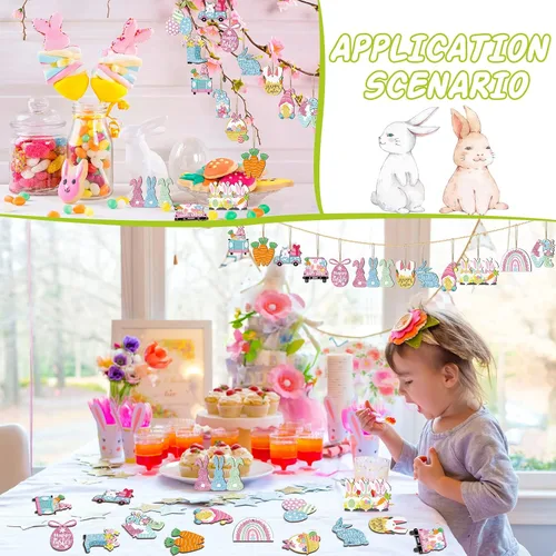 Vista 6 de Kathfly 32 piezas de adornos de Pascua para árbol pequeño de madera, decoraciones de Pascua feliz, huevos de conejo, adornos colgantes de gnomo