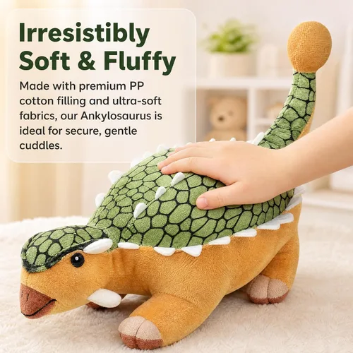 Vista 3 de Juguete de peluche de dinosaurio anquilosaurio de simulación, peluche de dragón de dinosaurio verde de 14 pulgadas, figuras de dinosaurio