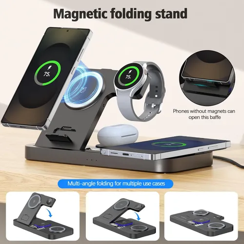 Vista 6 de Cargador inalámbrico magnético para Samsung, 6 en 1 para estación de carga Samsung, teléfono dual de 30 W con interruptor automático de luz y reloj
