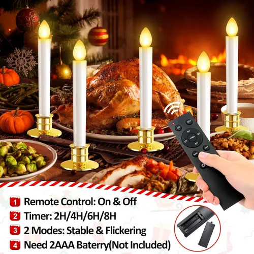 Vista 2 de Paquete de 10 Velas LED para Ventana de Navidad, Velas Sin Llama Operadas con Batería con Control Remoto y Temporizador, Portavelas Dorados, Velas