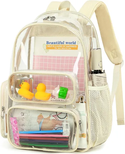 Vista 8 de CAMTOP Mochila transparente resistente y transparente para estudiantes, escuela, trabajo, festival, viajes, deportes, Beige, Mediana, Camtop Mochila