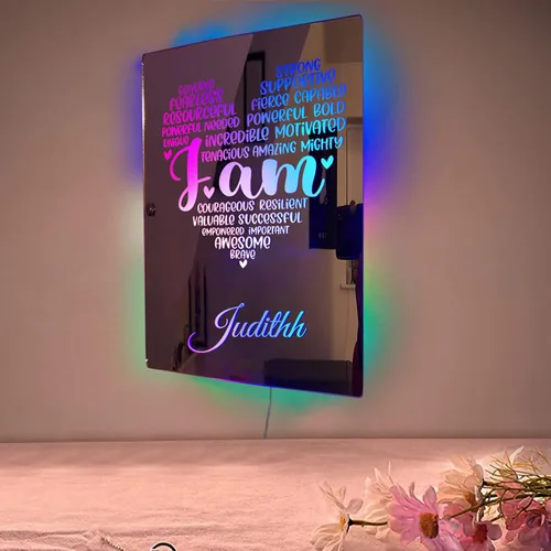 Vista 5 de Espejo de afirmaciones positivas fuertes con nombre personalizado "I AM Strong Positive Affirmations Mirror con luces LED, espejo de pared