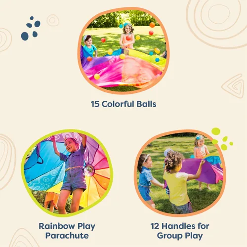 Vista 3 de B. toys ¡Paracaídas Woo-Hue! - Deportes al aire libre - Juega paracaídas con 15 bolas coloridas - 12 asas - Tienda de viento de 8 pies - Juegos al