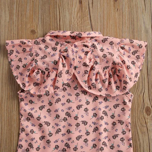 Vista 4 de Conjunto de 2 piezas con volantes y cuello halter floral para niños pequeños y niñas