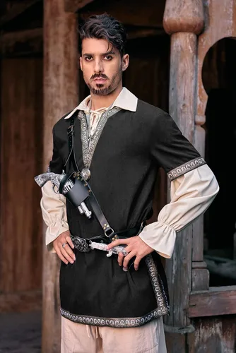 Vista 7 de Taoliyuan Disfraz medieval para hombre, disfraz de Halloween, renacentista, túnica de caballero vikingo, pirata, vintage, guerrero, camisas LARP