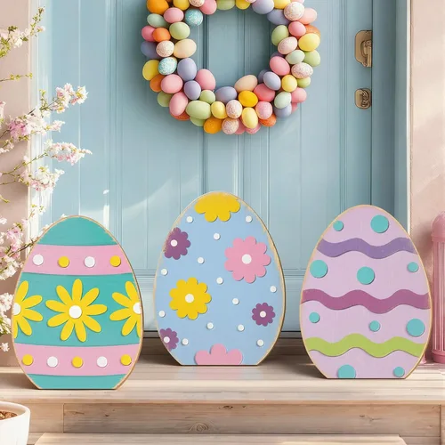 Vista 8 de GlikCeil 3 letreros de madera de Pascua de 17 pulgadas para porche, decoración rústica de bienvenida para fiestas de primavera, fiestas, jardín