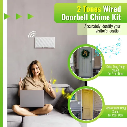 Vista 3 de Kit de timbre de puerta con cable de Saillong, 2 botones de presión de timbre iluminados de 16V 10VA con 2 notas para puerta delantera, trasera