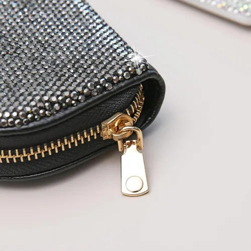 Vista 5 de AsAlways RFID Rhinestone titular de la tarjeta de crédito semicírculo multicapa cremallera caso Bling Crystal Slim pequeña cartera para mujeres