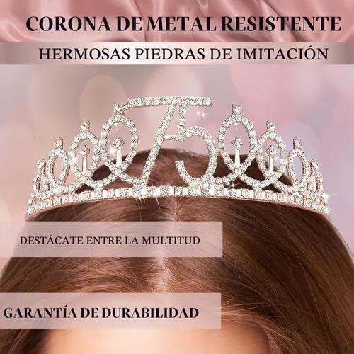 Vista 3 de Juego de arco de globos de decoración de cumpleaños número 75 de oro rosa para mujer 75th Birthday Banner and Party Tablecloth, Belt and Tiara