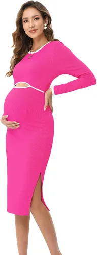 Vista 2 de FUNJULY Vestido de maternidad de manga larga para mujer, estilo casual, cuello redondo, recortado, de punto acanalado, ajustado, vestido de tubo