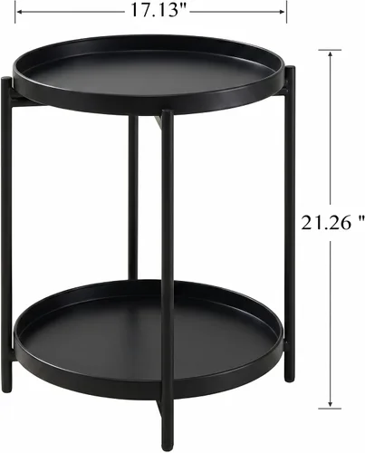 Vista 3 de TeoKJ Mesa auxiliar redonda de 2 niveles, mesa auxiliar redonda plegable de metal, mesita de noche pequeña con dos bandejas extraíbles