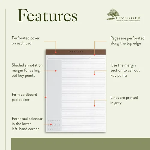 Vista 4 de Levenger Freeleaf - Bloc de notas rayado de anotación sombreada, compatible con sistema de toma de notas Cornell, paquete de 5, color blanco, letra