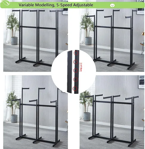 Vista 4 de Perchero de pie de metal para ropa - Estantes de exhibición resistentes para uso comercial con ruedas, perchero de ropa de 6 brazos, perchas
