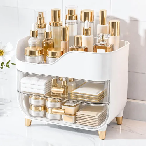 Vista 10 de Organizador de maquillaje para tocador con cajones grandes y suaves, organizador de cuidado de la piel extra grande para encimera de baño y tocador
