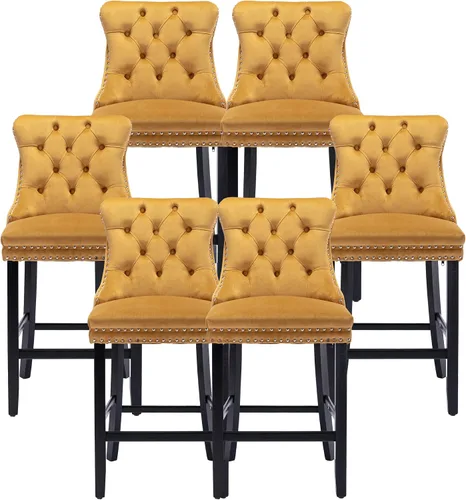 Vista 18 de Taburetes de bar tapizados de terciopelo modernos de 27 pulgadas con patas de madera, botón con cabeza de clavo cromada, taburetes de bar con Beige