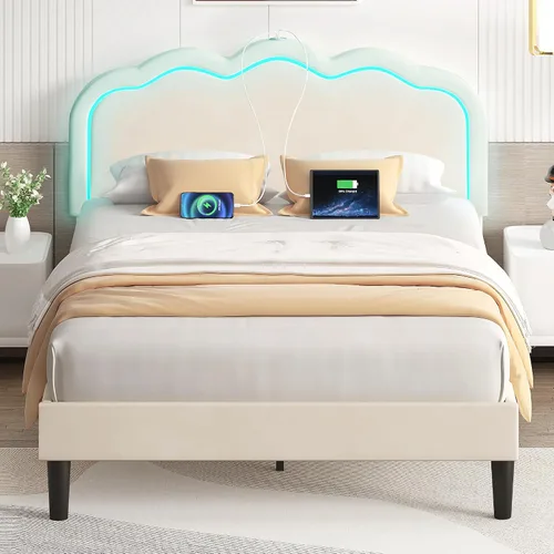 Vista 10 de VECELO - Base de cama tapizada tamaño matrimonial con cabecera ajustable, luces LED, USB-A y tipo-C, plataforma de cama de terciopelo sin ruido