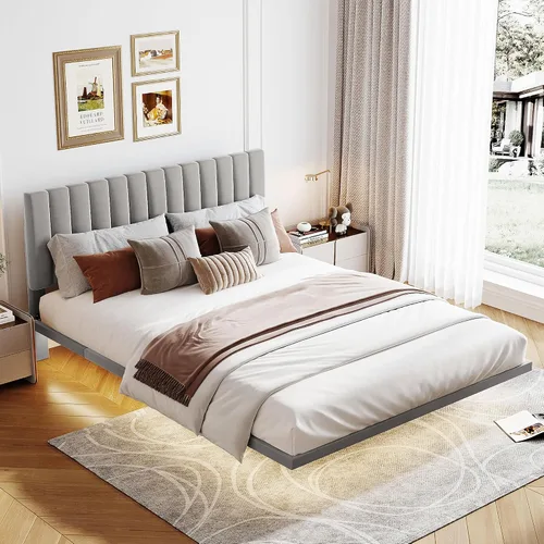 Vista 13 de Bonita cama tapizada de cuero con adorno de conejo, cama de plataforma de tamaño individual con cabecero y listones de madera, adecuada para niños