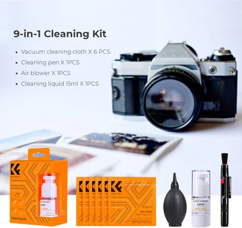 Vista 2 de K&F CONCEPT Kit de limpieza de lente de cámara 9 en 1 para cámara DSLR, filtro de lente de cámara para teléfonos celulares con soplado de aire, paño