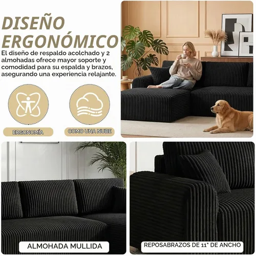 Vista 4 de Sofá modular Cloud de 104 pulgadas con diván en forma de L, sofás tapizados modernos con asiento profundo, sofá comprimido de esponja de pana