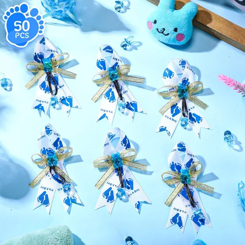 Vista 4 de Jexine 50 piezas de broche con lazo para baby shower, broche de cinta con chupete azul y oso para decoración de fiesta de revelación de género