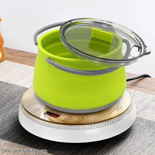 Vista 6 de Cacerola plegable, utensilios de cocina para campamento, senderismo, silicona plegable, hervidor de agua con tapa, utensilios de cocina, viaje, Azul