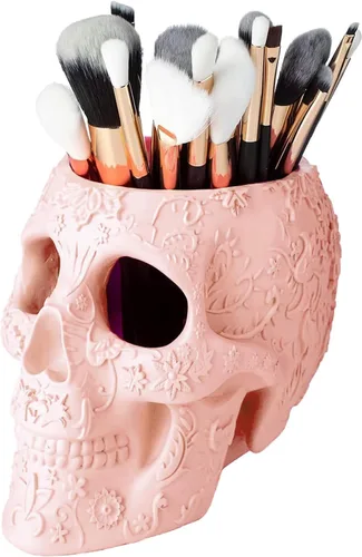 Vista 12 de Soporte para brochas de maquillaje de calavera, soporte para bolígrafos, tocador, escritorio, organizador de oficina, estacionario, maceta Negro