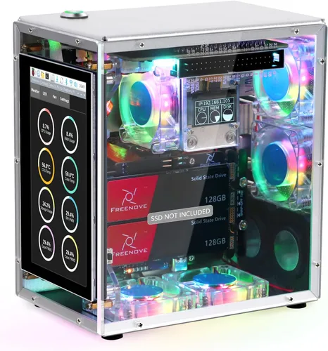 Vista 8 de FREENOVE Kit de Caja Pro para Raspberry Pi 5, Ranuras Dual M.2 NVMe SSD, 5 Ventiladores PWM ARGB Light Sync, Enfriador de Torre de CPU, Pantalla