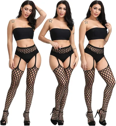 Vista 6 de DRESHOW 6 Pack Fishnet Stockings Hight Waist Tights Thigh High Pantyhose Plus