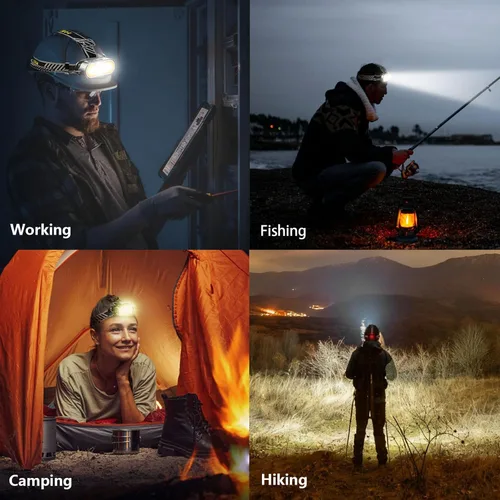 Vista 6 de Linterna frontal súper brillante recargable – 6 LED y 2 COB, rotación de 90°, pantalla de alimentación digital, 15 modos con luz roja, impermeable