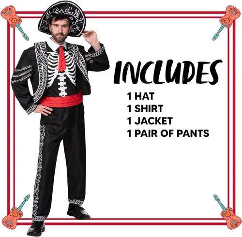 Vista 5 de Spooktacular Creations Disfraz de señor mariachi para hombre adulto, para fiesta de disfraces de Halloween, Día de los Muertos, XXL