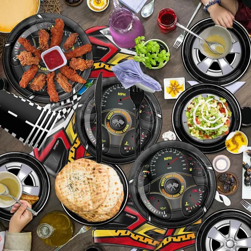 Vista 5 de Suministros para fiestas de autos de carreras, 170 piezas, decoraciones de fiesta de autos de carreras, juego de platos y servilletas para fiesta
