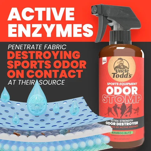 Vista 6 de Uncle Todd's Odor Stomp - Spray eliminador de olores para equipo deportivo, desodorante enzimático extra fuerte para fútbol, hockey, bolsas