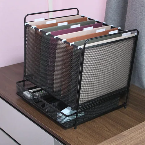 Vista 5 de Organizador de archivos colgante de escritorio de malla con cajón, suministros de oficina y organizador de archivos para el hogar, tamaño carta