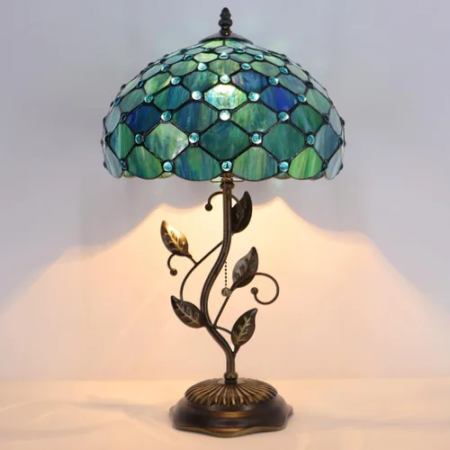 Vista 6 de Tiffany Table Lamp, Stained Glass Desk Light, W12H19 Inch, Metal Leaf Base (Sea Blue Pearl Style)