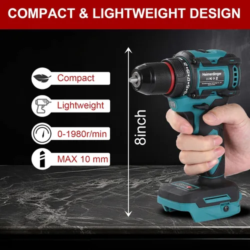 Vista 4 de Taladro inalámbrico de 354 en libras para batería Makita de 18 V, portabrocas sin llave de 3/8 pulgadas, 21+1 ajustes de par, 1980 RPM, luz LED